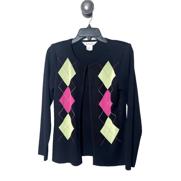 Misook Sweater Size XS Argyle Black Pink Green Extra Small Black Cardigan - Picture 1 of 8